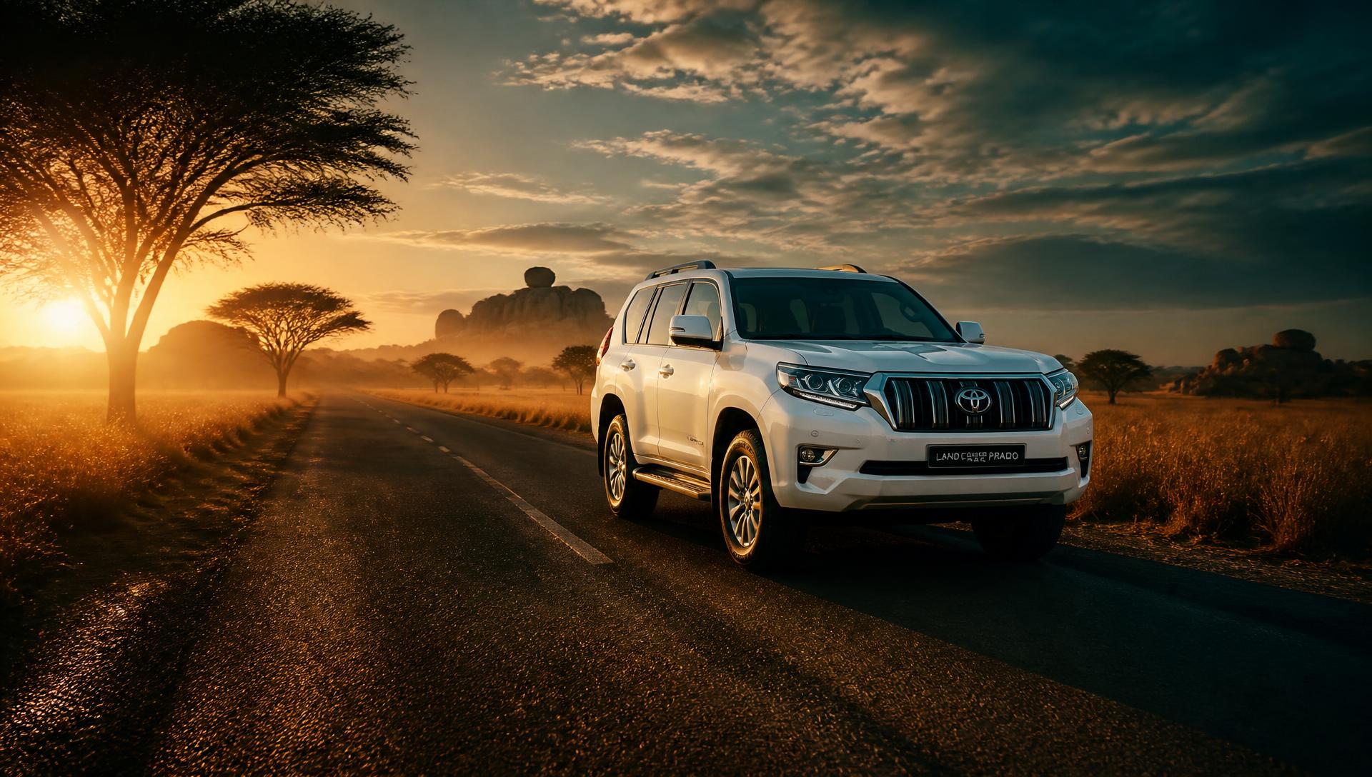 A white SUV on an empty Zimbabwean road at sunrise