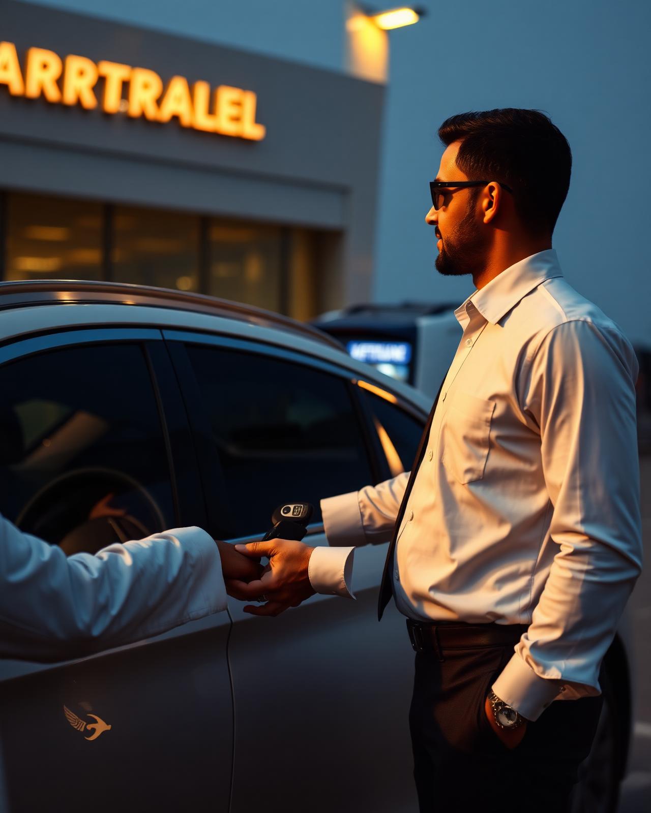 A Masa driver handing keys to a traveller at the airport